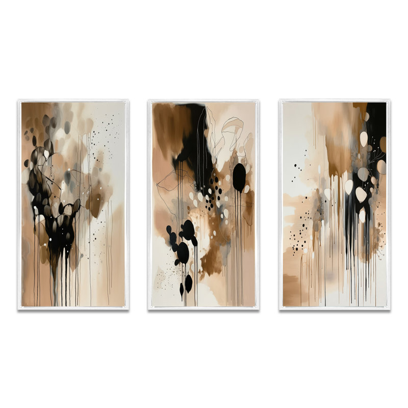 «Brown Mindful Abstraction», 3 pièces sur toile, Cadre flottant blanc, H 20 po x l 36 po