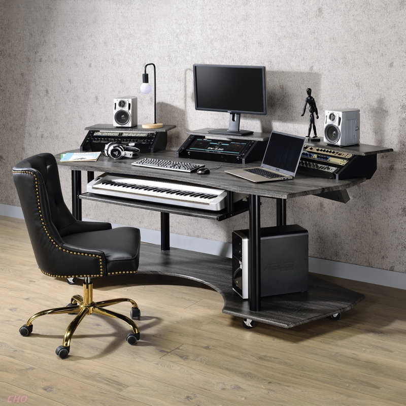 83" Eleazar Oak Finish Music Recording Studio Desk, Dark Oak/Black