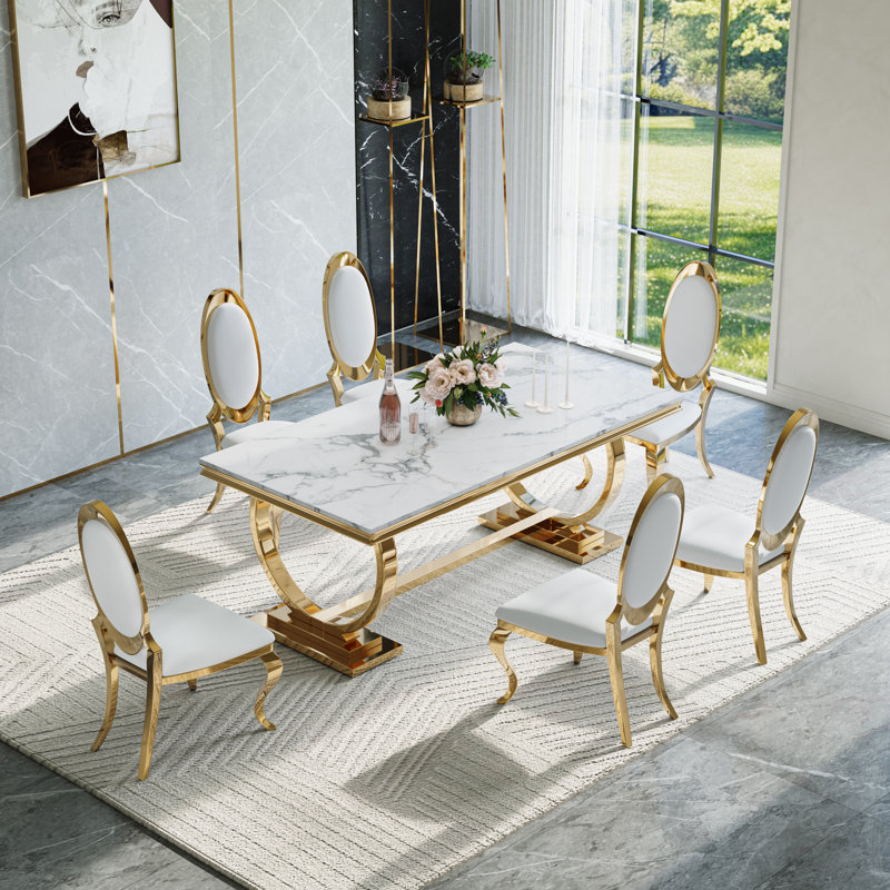 7-Piece Dining Set with Faux Marble Tabletop and Stainless Steel Chairs – Modern Dining Table Set for 6, White/Gold/White