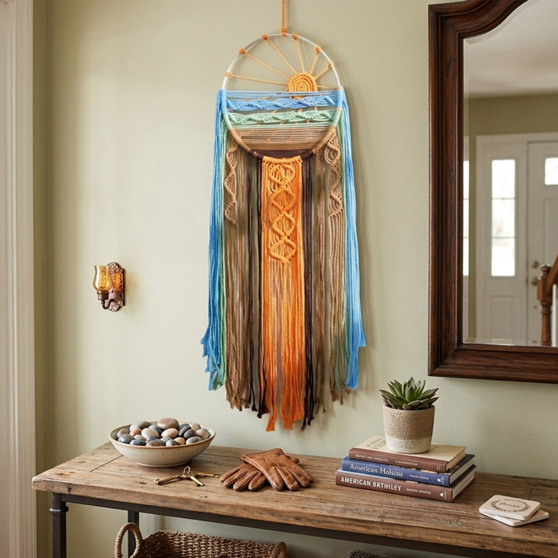 Sunset Dream Catcher Macrame Wall Hanging, Handwoven Boho Sun Wall Decor Tapestry for Home Decoration