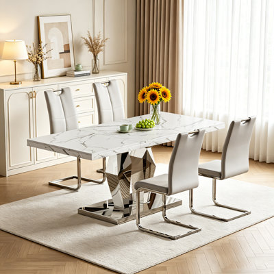 70" Faux Marble Dining Table Set, Rectangular White Kitchen Table with Faux Leather Upholstered Chairs for Kitchen & Dining Room