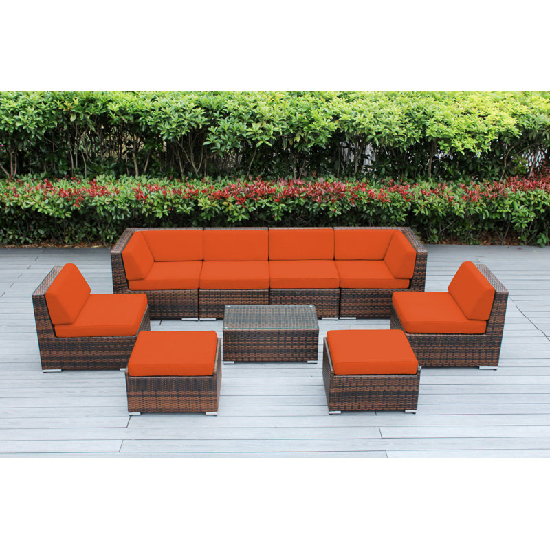 Ensemble de conversation en osier pour 8 personnes avec coussins - aucun assemblage, Toile Sunbrella® toscan
