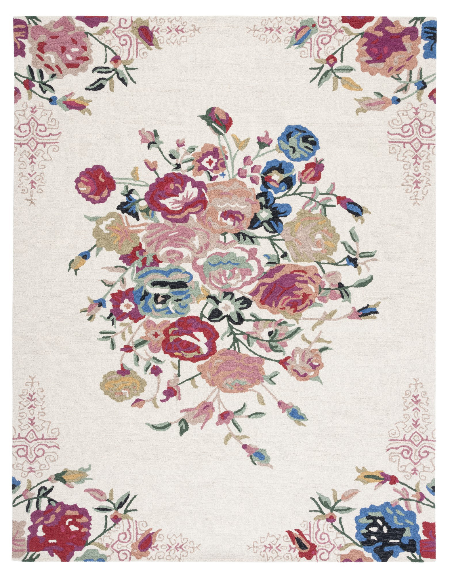 Vintage Floral Hooked Rug / Handmade Folk Art Rose Pattern Accent