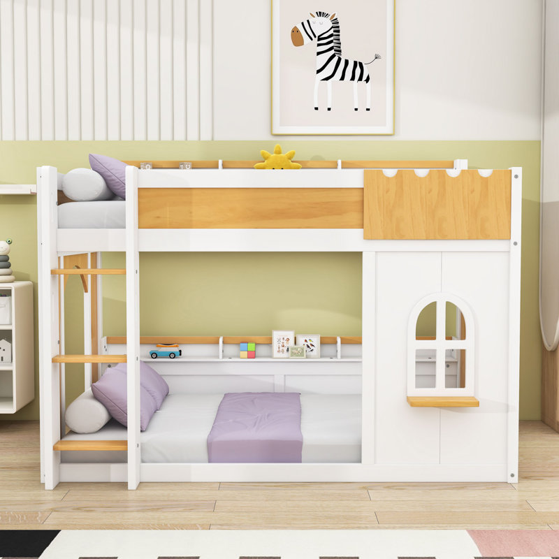 Multifunctional Wooden Bunk Bed with Shelves, Twin Over Twin