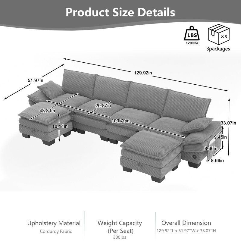 130" U-Shaped Corduroy Cloud Modular Sofa with 2 Storage Ottomans, Deep Seat Sectional, USB Ports & Phone Pockets, 4-Seat Convertible Couch for Living Room, Apartment