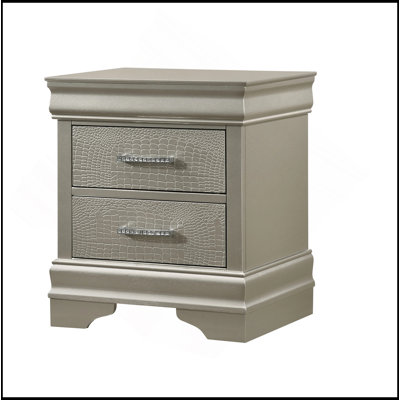 1Pc Modern Glam Style Two Drawers Nightstand Solid Wood Crystal-Like Diamond Tufted Crocodile Texture Bedroom Furniture