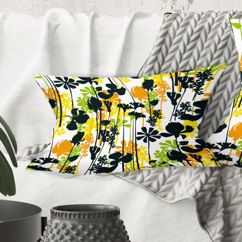 Motif de pré d'été, silhouettes noires - Coussin Mid-Century