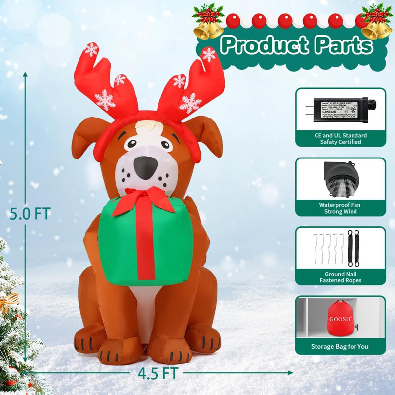 Chien de Noël gonflable 5 pi avec bois de renne et boîte-cadeau dans la bouche