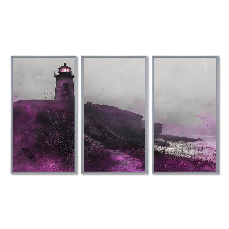 Mauve et gris phare brumeux Rock I - ensemble d'art mural phares, Toile argentée avec cadre flottant