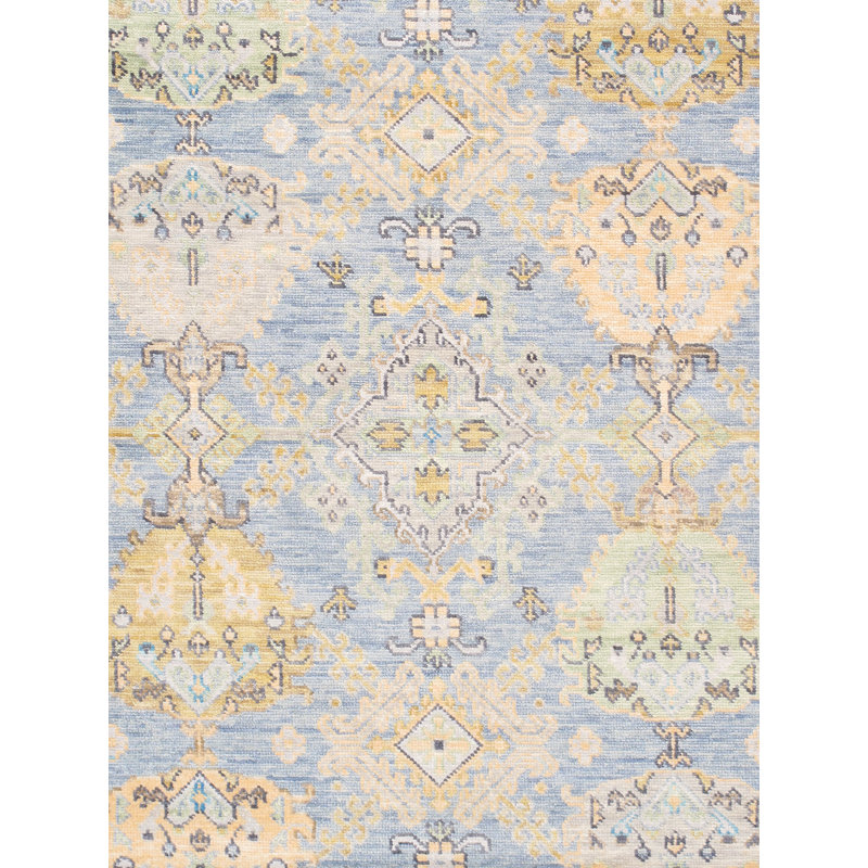 Hand-Knotted Light Blue Wool Floral Rectangular Rug