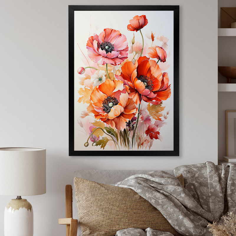 «Poppies Bouquet Sunset Moment I», reproduction d'art sur toile, Cadre simple noir, H 40 po x l 30 po x P 1,5 po