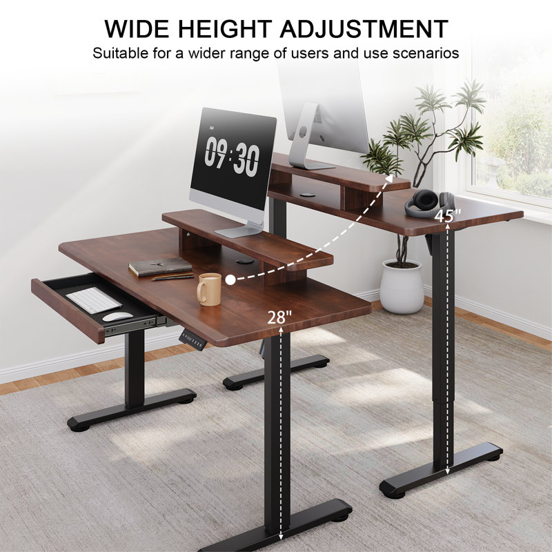 Solid Wood Desktop, Height Adjustable Electric Standing Desk With Monitor Stand, 55X23.6 Inches Whole-Piece Board Rectangle Stand Up Desk, Memory Controller And Pull-Out Drawer For Home & Office