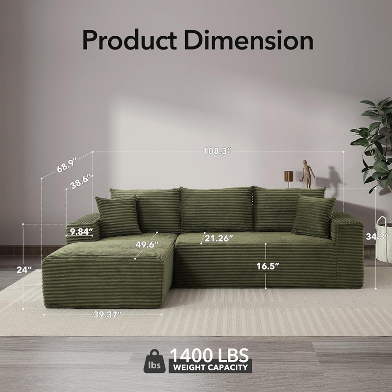 Canapé modulaire rembourré en tissu de velours côtelé en L 108 po avec méridienne 108 po, Velours côtelé vert