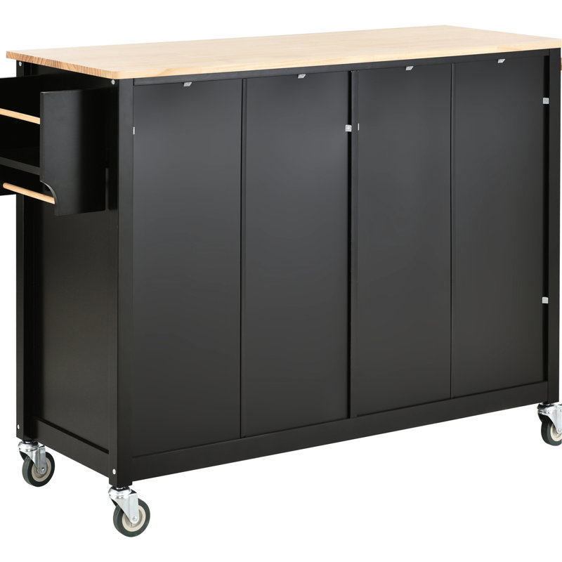Kitchen Island Cart - Solid Wood Top, Black Finish, 4 Door Cabinet With Adjustable Shelves, 2 Drawers & Spice Rack Top In Black, Cabinet, Drawers, Towel Locking Wheels