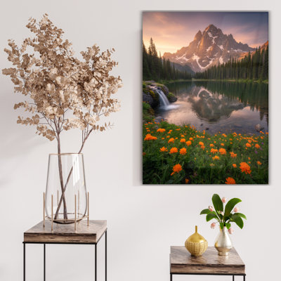 Tableau mural en verre trempé Lever du soleil sur un lac de montagne