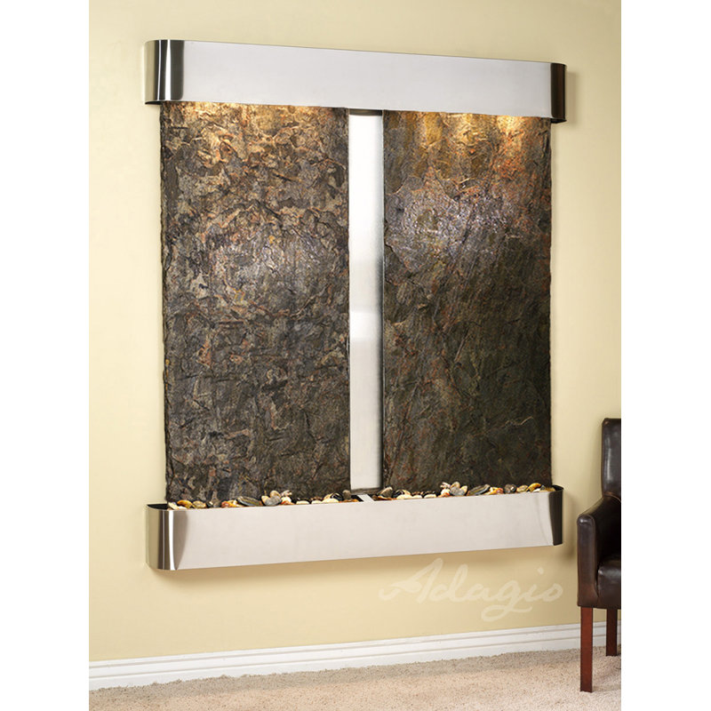 Cottonwood Falls Fountain with Light, Stainless Steel, Green Slate, Square