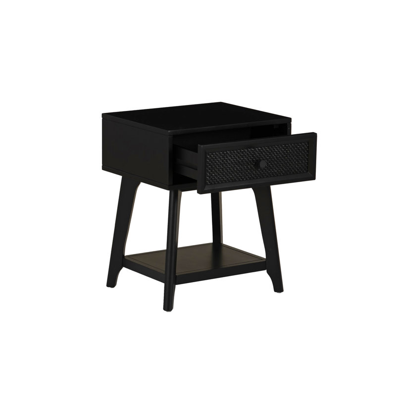 Cane Nightstand With Drawer and Shelf, Black