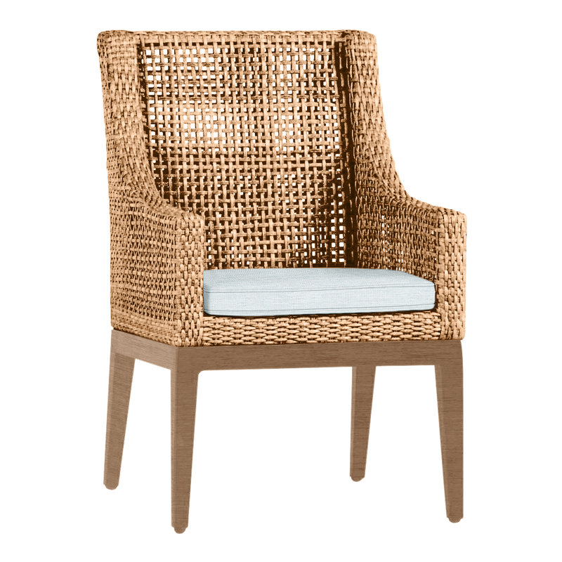 Chaise avec accoudoirs d'extérieur en résine et osier Pen-pena N-Dura, Welt, Raphia / bois de santal, Papier ciel