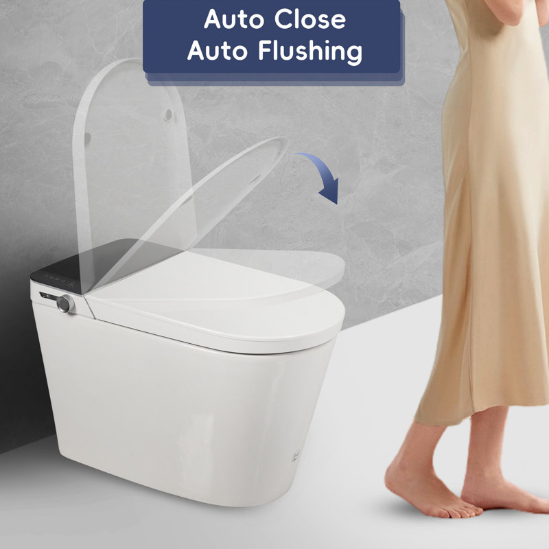 Smart Bidet Toilet, Auto - Open Lid And Flush, Wider Bidet, Warm Water Wash Air Drying, Foot Sensor Activation, Led Indicator, Remote Operated, White Color. Four Level Radar Sensing Distance,