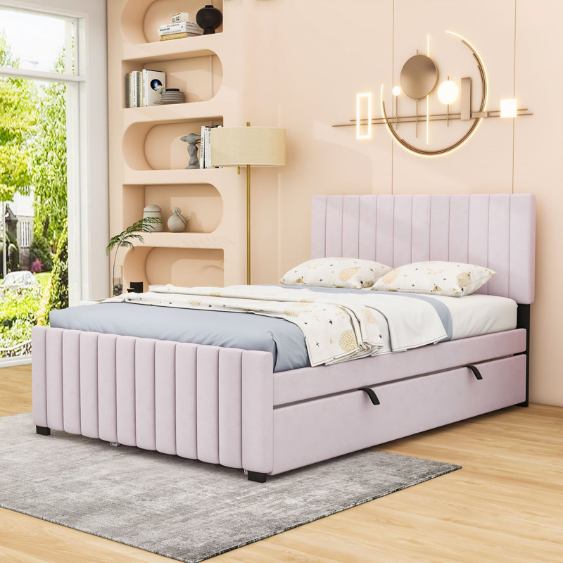 Elegant Velvet Upholstered Bed with Twin Trundle, Full, Pink