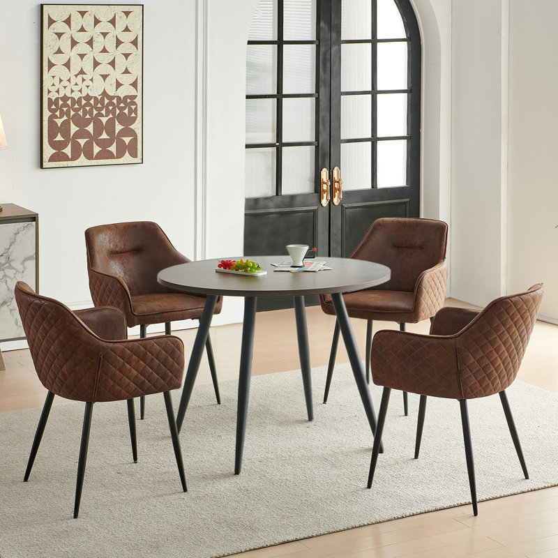 5-Piece Round Dark Walnut Dining Set with Faux Suede Chairs, Brown, Brown