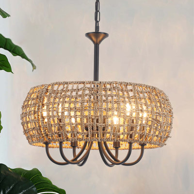Luminaire suspendu cylindrique en rotin naturel 6 lumières