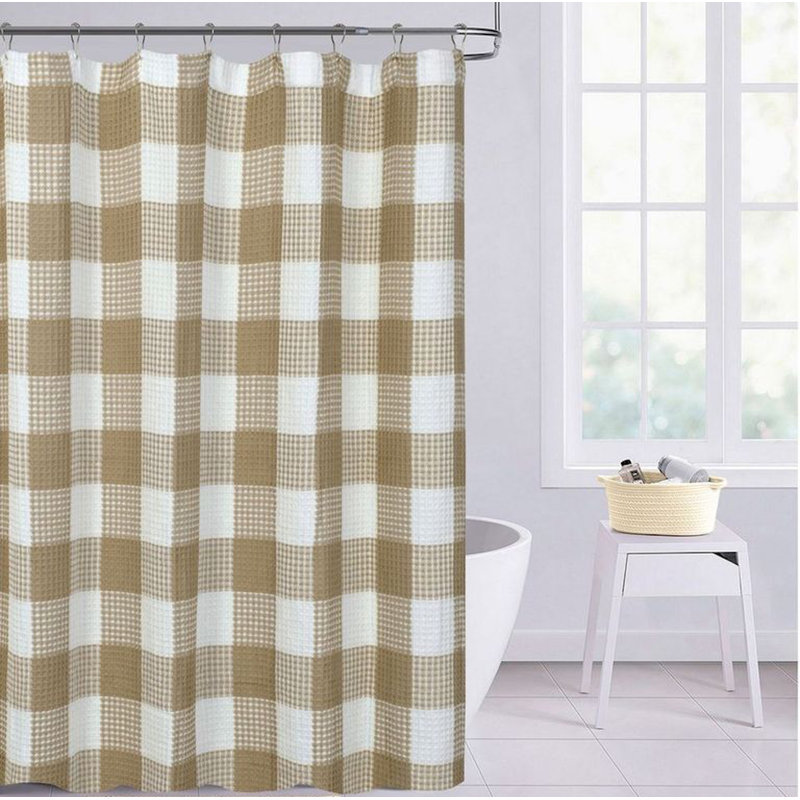 Cotton Checkered Shower Curtain, Coffee