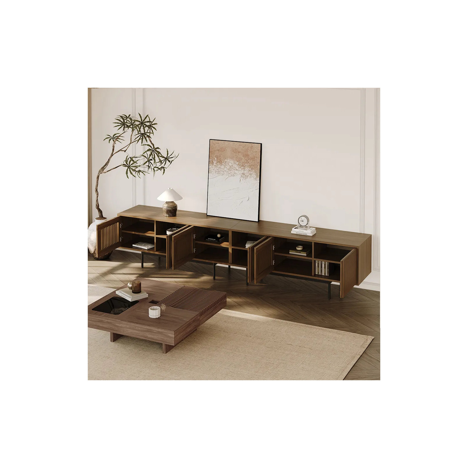 Daila Media Console, Walnut, 21.26" H x 118" W x 18.89" D