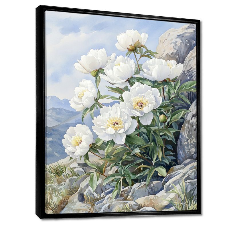 Pe pivoines par The Rocky Slope II - pivoines, reproduction d'art sur toile, Noir, Reproduction avec cadre flottant