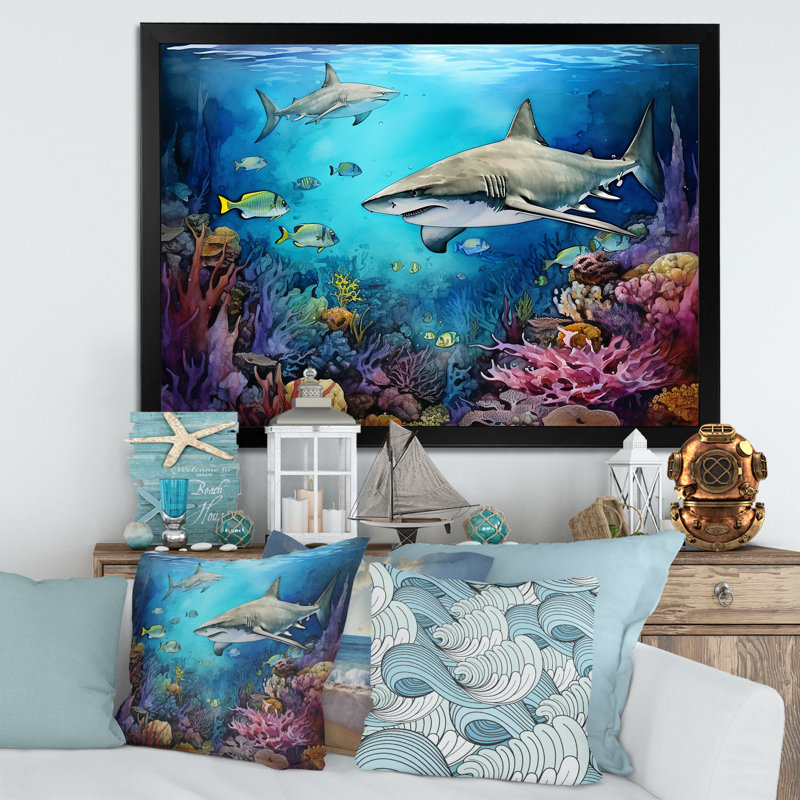 " Shark Haven Under Water Painting I ", 16" H x 32" W x 1" D, Black Single Picture Framed