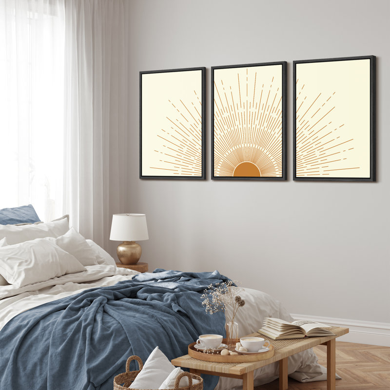"Bright Orange Boho Sun Burst Artwork, Mid-Century Modern Organic Minimalist Wall Walls", reproduction d'art numérique sur toile encadrée, 3 pièces