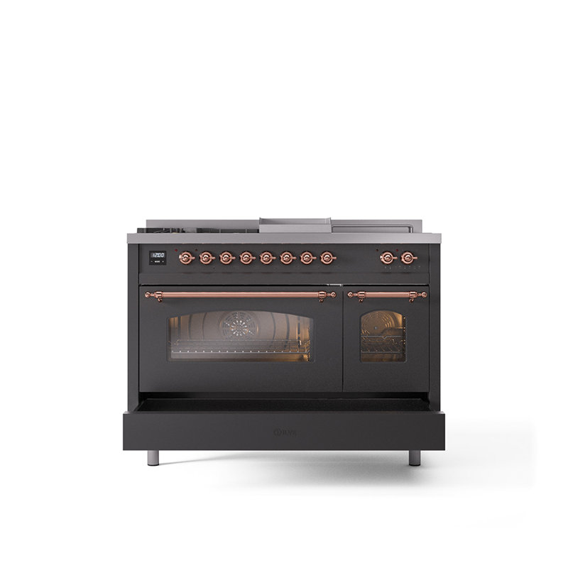 ILVE Nostalgie II Series 48 inch Dual Fuel Range with 5 Sealed Burners, Griddle, Frenchtop (Glass Door), Natural Gas