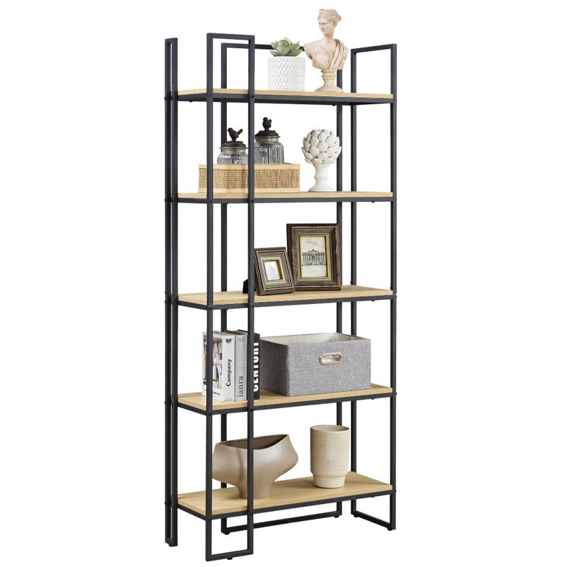Bibliothèque moderne à 5 niveaux, tablette haute pour livres, trousse de rangement pour garage, CD, DVD, rangement d'angle de style industriel pour chambre, bureau, cuisine, salon, brun rouille