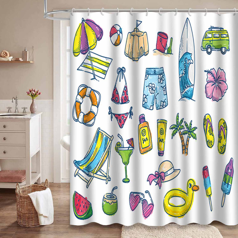 Rideau de douche imperméable à l'eau avec lunettes de soleil et 12 crochets BeachDoodle, L 72 po x l 78 po