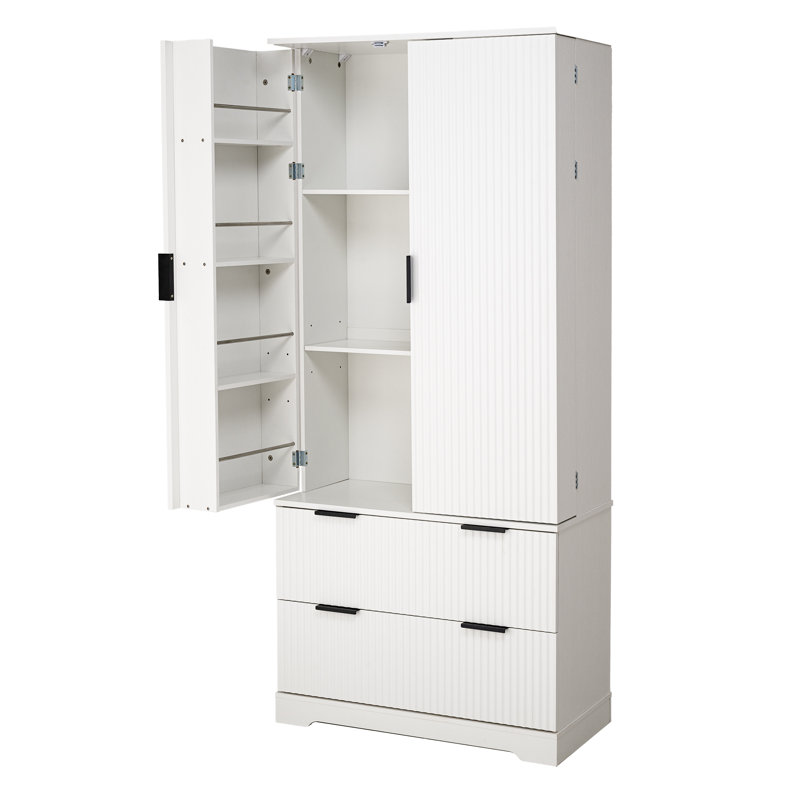 Armoire de cuisine cannelée 72 po avec tiroirs et support à épices réglable Wax, Blanc / noir