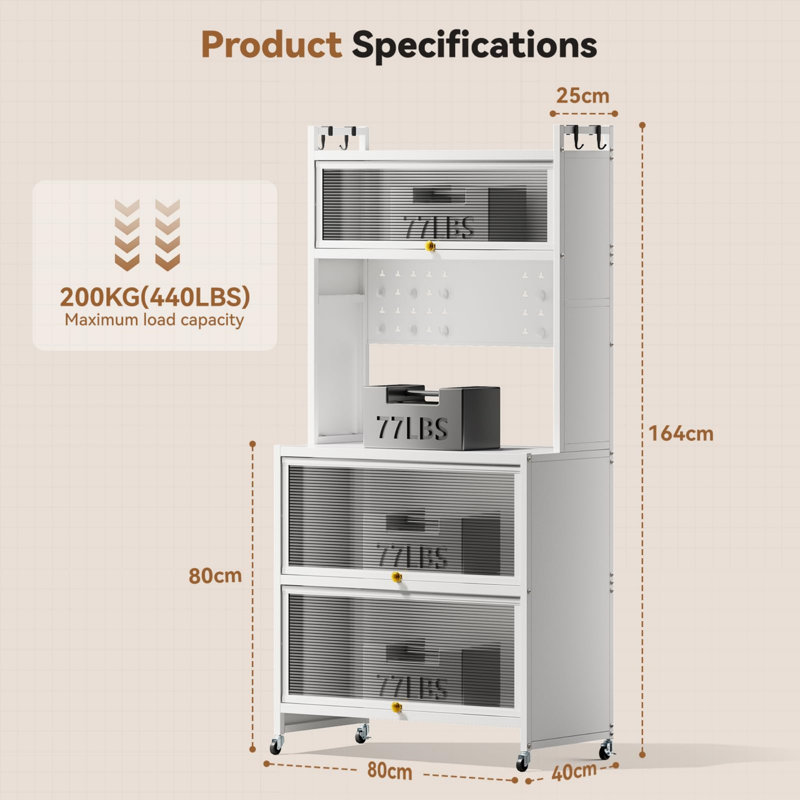 Kitchen Storage Cabinets, Pantry Cupboard With 5 Tiers Bakers Rack, Kitchen Shelves With Transparent Flip Door & 4 Rolling Wheels