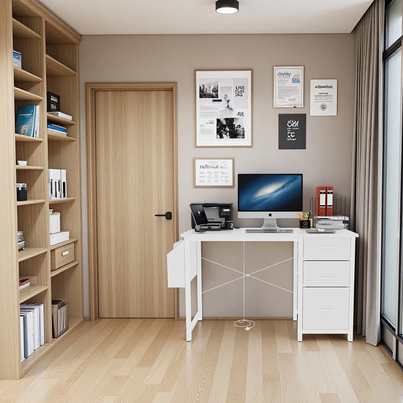 Bureau de 47,3 po avec prise de courant, 3 tiroirs, poche latérale, bureau d'étude facile à assembler, cadre stable et réversible pour bureau à domicile, bureau d'ordinateur de société, table de jeu, coiffeuse, blanc