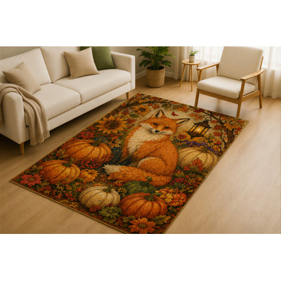 Tapis d'intérieur « Ultra Fin » 152 x 213 cm, motif citrouille et renard d'automne, idéal pour le salon. Doux et à poils courts, il est doté d'un envers antidérapant en silicone et peut également servir de tapis décoratif automnal pour la chambre, le salon, les chambres d'enfants et les animaux de compagnie. Couleur orange et marron.