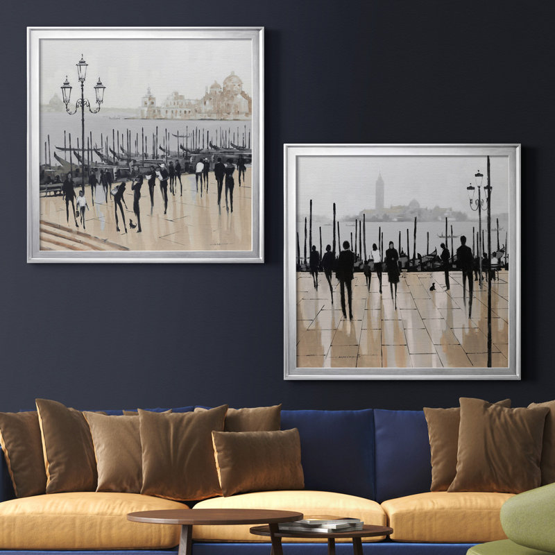 «Quiet Gondolas I», ensemble de 2 reproductions d'art graphique, H 22,5 po x l 45 po x P 1,5 po, Toile encadrée argentée