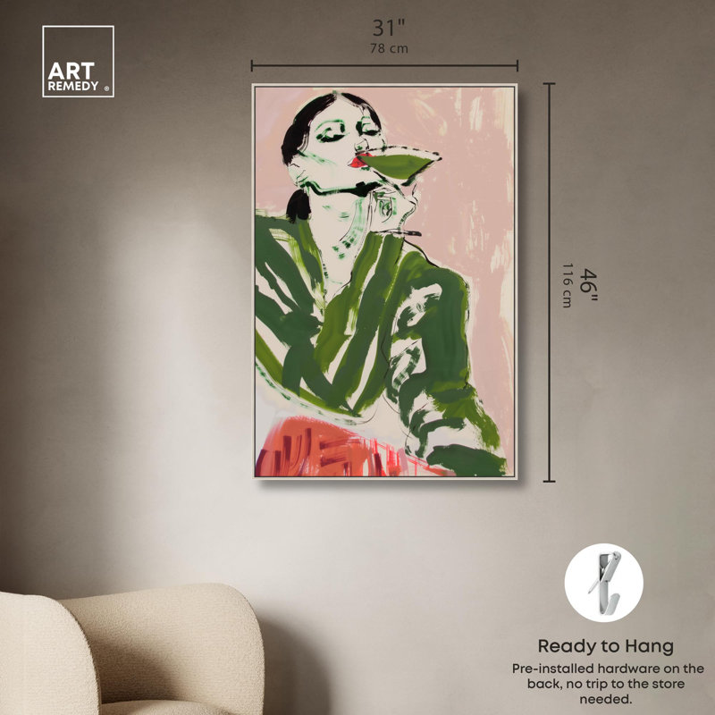 Green Martini Girl Canvas Boho Colorful Wall Art by Art Remedy, Silver Framed, 37" H x 25" W