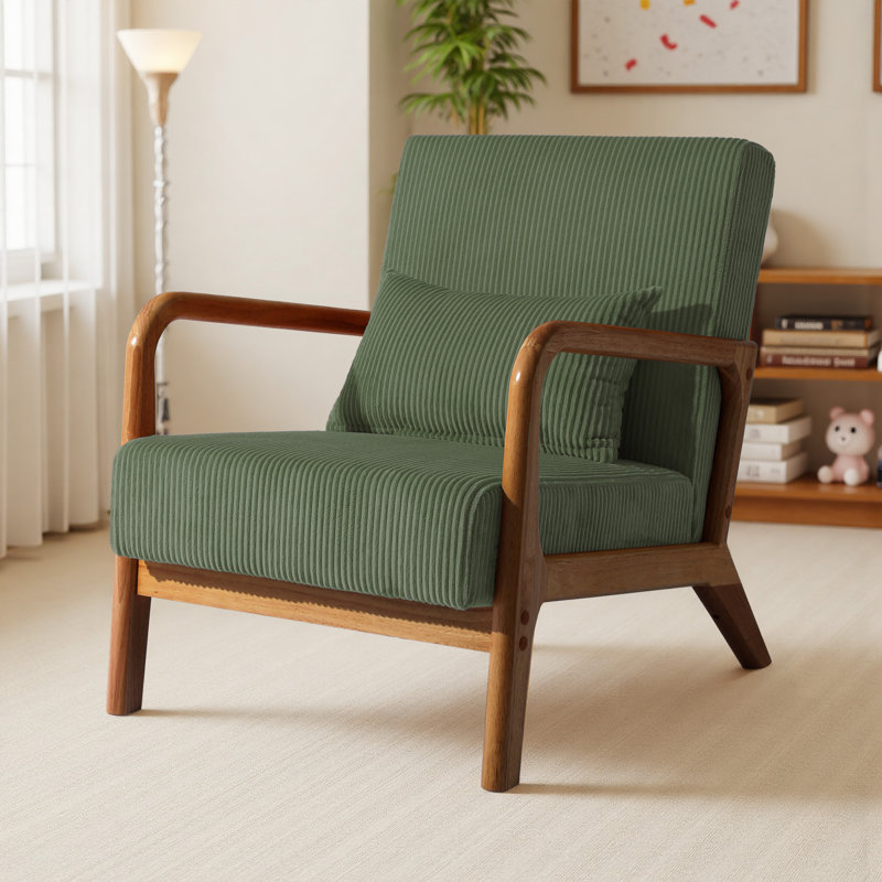 Jyrin Mid Century Upholstered Gray Green Corduroy Solid Wood Accent Chair with an Extra Pillow, Dark Brown Wood