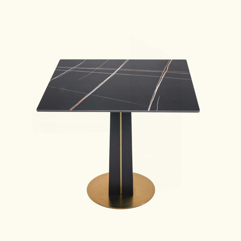 Modern Square Negotiation Table - 85Cm Sintered Stone Top, Wooden Legs With Metal Base(Only The Negotiation Table), Black