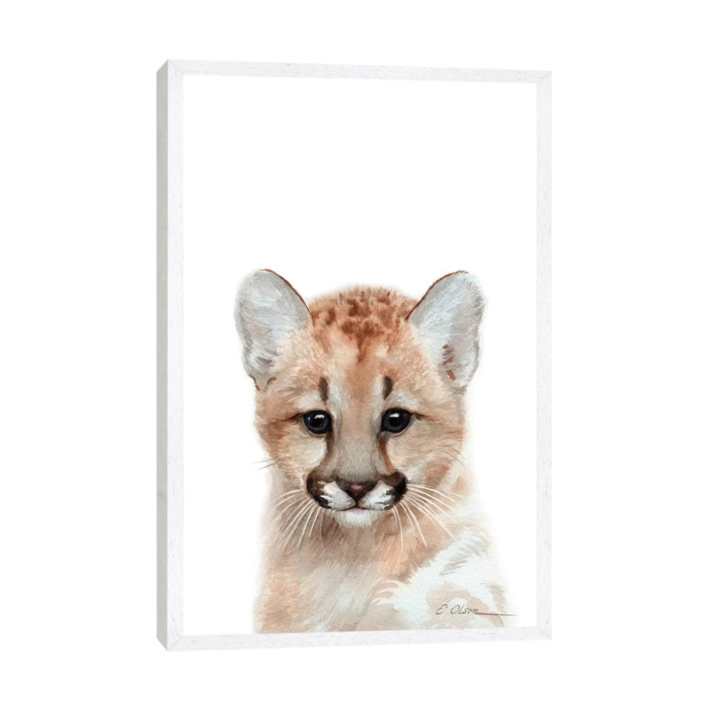 Baby Mountain Lion - Painting on Canvas, White Framed, 66.04cm H x 45.72cm W x 3.81cm D