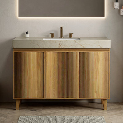 Meuble-lavabo de 48 po avec lavabo, armoire autoportante, comptoir en pierre frittée et lavabo en céramique avec 3 trous de robinet pré-percés, ensemble sans robinet ni drain