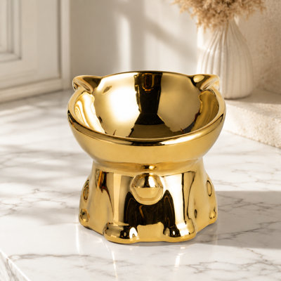 Bol pour chat surélevé en céramique électrolytique, bol d'eau surélevé incliné à 15 ° pour chats et petits chiens, anti-étouffement, anti-déversement, conception à moustaches, options jaune or / argent