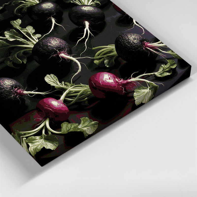 Légumes, radis, art mural noir sur toile, H 16 po x l 16 po