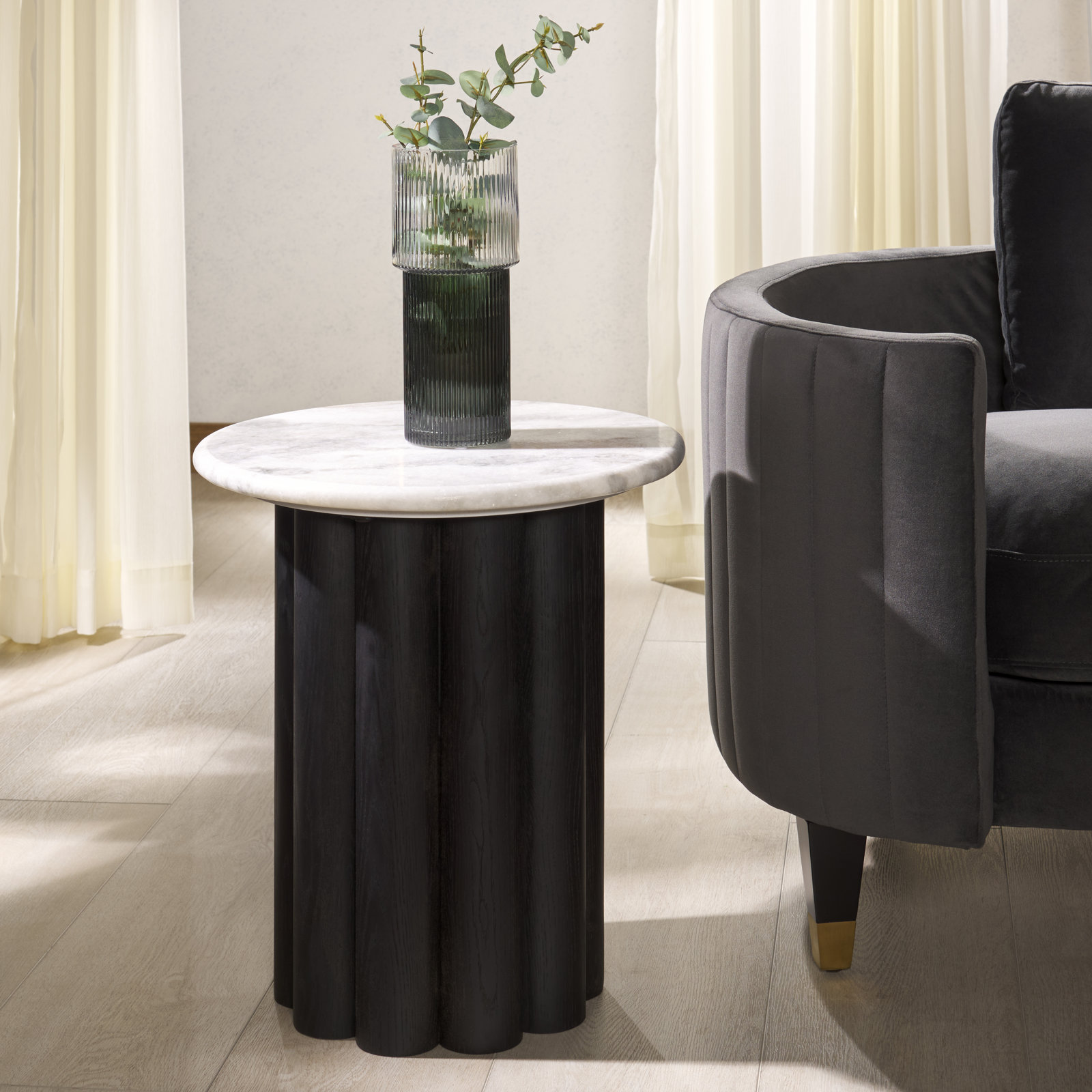 18" Genuine Marble End Table, White/Black