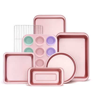  Ensembles de plaques de cuisson, ensembles de cuisson antiadhésifs 7 pièces avec moule à gâteau rond / carré, moule à pain, moule à muffins, plaque à biscuits, rôtissoire, grille de refroidissement, ensemble de cuisson en acier au carbone rose
