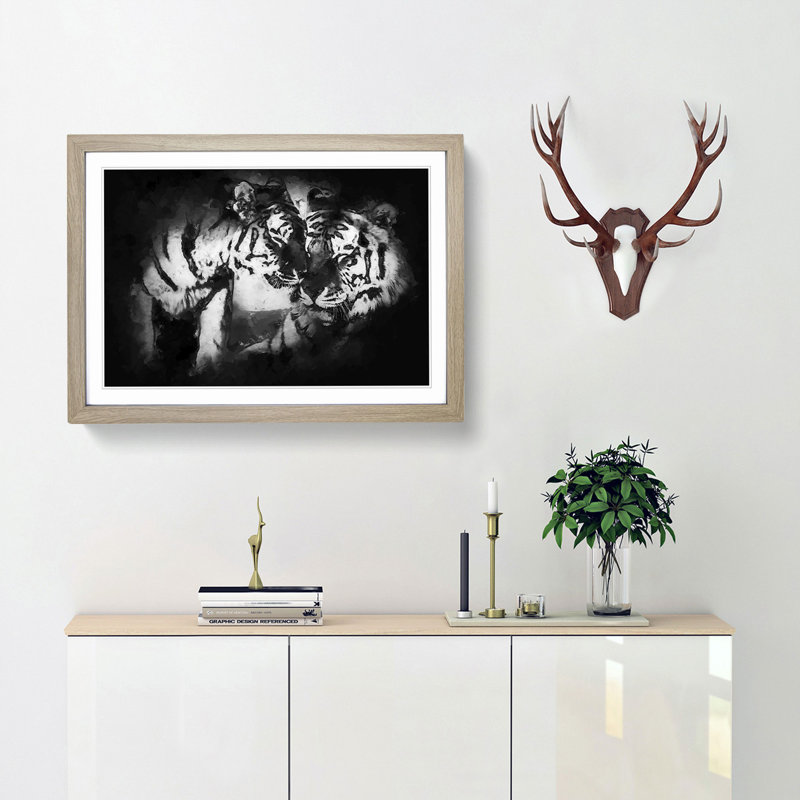 Two Snuggling Tigers in Abstract - Picture Frame Painting Print, 62cm H x 87cm W x 2cm D, Oak Framed