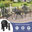 Ensemble de salle à manger bistro en aluminium moulé 3 pièces, table ronde de 100 cm avec trou pour parasol et 2 chaises empilables avec coussins bruns-399688053